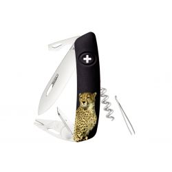 Swiza TT03 Tick Tool Wildlife Cheetah Noir, couteau suisse fabriqué en Suisse