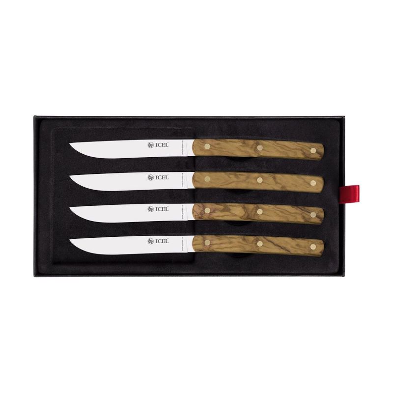 ICEL - 4-piece steak knife set, with olive wood handle