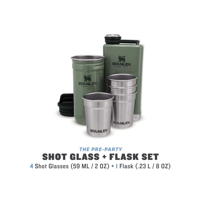 Stanley Pocket Flask Set, Adventure Pre-Party Shot Glass + Flask Set 6 pcs Hammertone Green