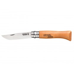 Couteau Opinel n.8 charbon de bois avec manche en hêtre, fourreau et coffret en bois.
