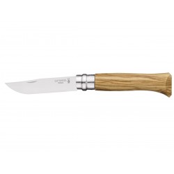 Couteau Opinel n.8 en acier inoxydable avec manche en olivier, fourreau et coffret en bois.