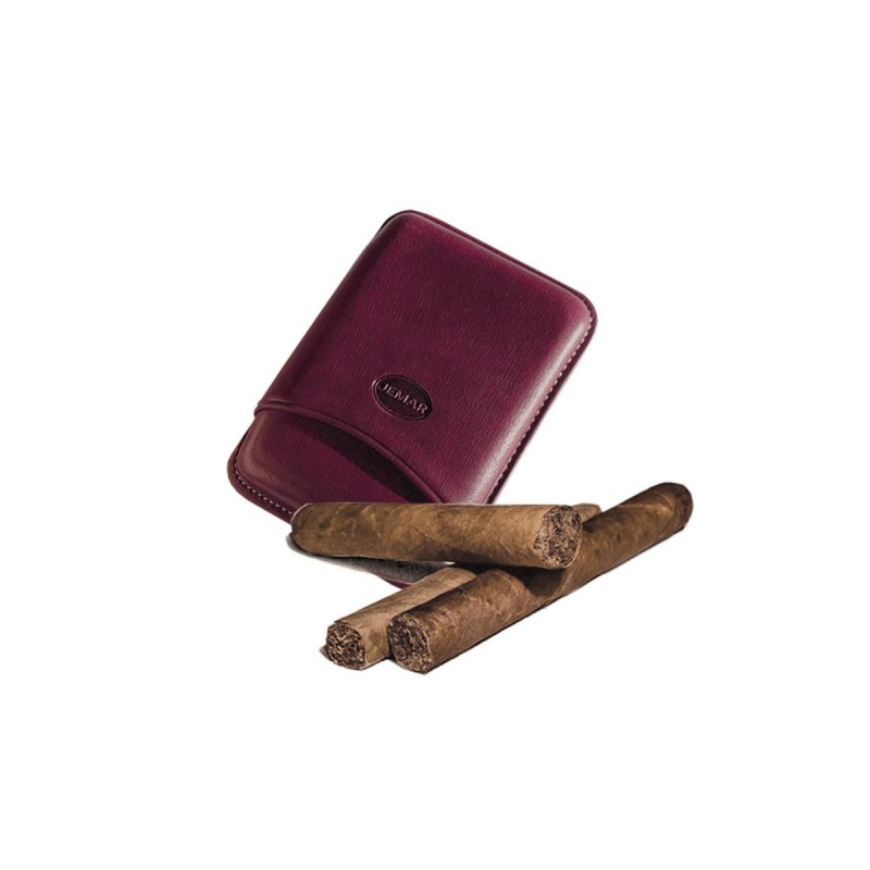 Smooth leather cigar case for 3 Tuscan cigars aubergine color, Jemar (leather cigar case)