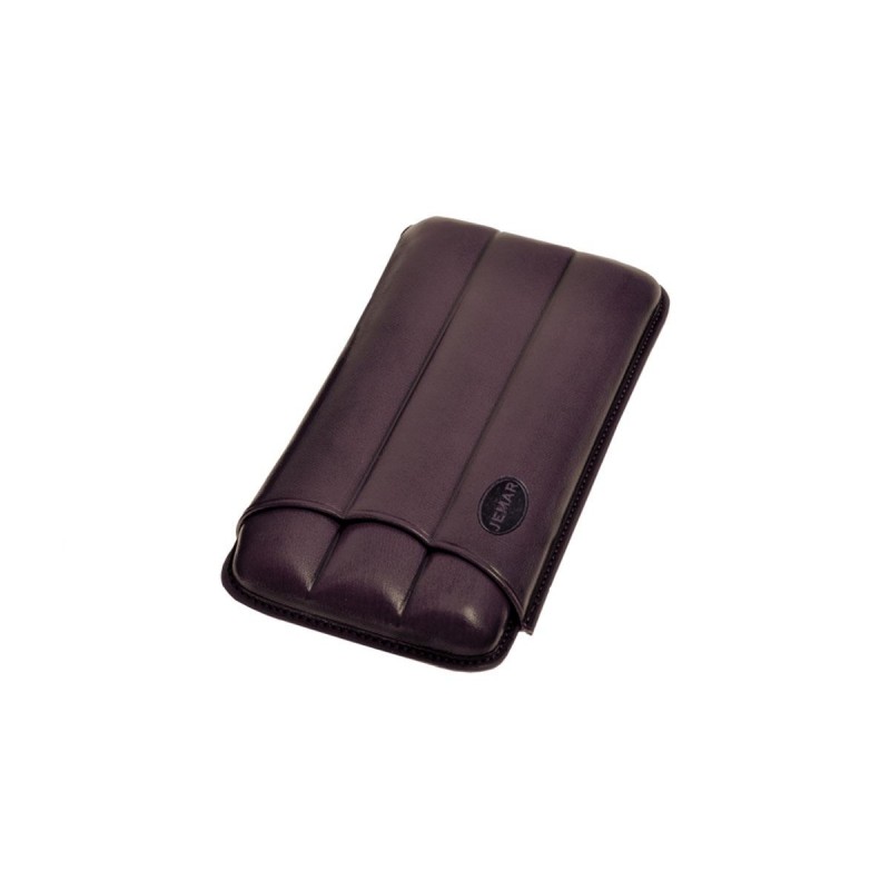 Cigar holder in grooved leather for three 3 cigars, Jemar cigar case in aubergine leather.